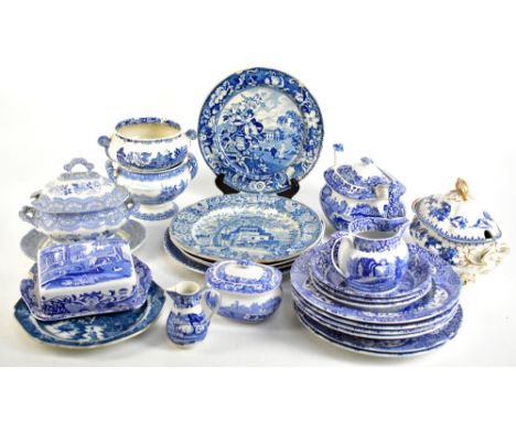 A collection of 19th century and later blue and white transfer printed ware to include Copeland &amp; Garrett shaped oval sau