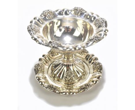 A late 19th century Russian silver pedestal bowl and stand, with cast floral sprays inside panelled detail, marks for Moscow,