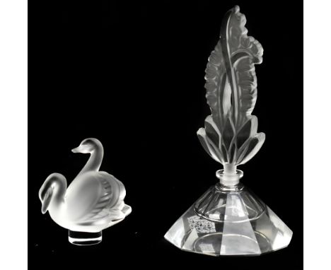 LALIQUE FRANCE; a clear and frosted glass 'Double Swan' paperweight, signed to base, with box and paperwork, together with a 
