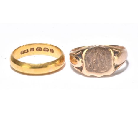 A 22ct yellow gold wedding band, size L 1/2, approx 4.5g and a 9ct yellow gold signet ring, size P, approx 4.6g (2).Additiona