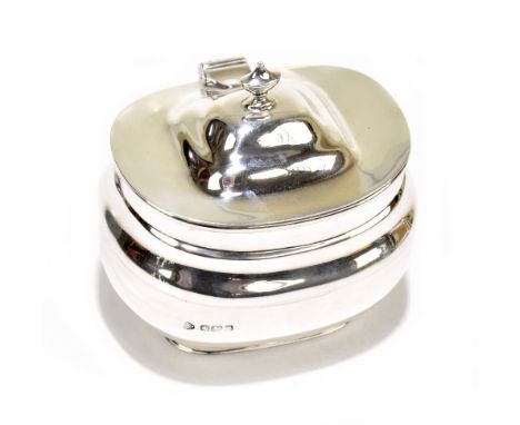 WILLIAM HUTTON &amp; SONS LTD; a George V hallmarked silver tea canister of rounded rectangular form, with hinged lid centred