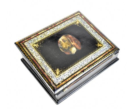 A Victorian lacquered&nbsp;papier-mâché writing slope, the lid decorated with a portrait of a spaniel within a gilt and abalo