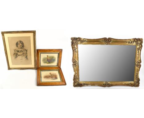 A gilt mirror, 60 x 83cm (af), a pencil sketch depicting a girl reading signed Kathleen Hickey and two ornithological coloure
