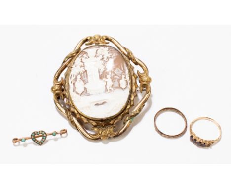 A 9ct yellow gold dress ring, size P, approx 1.9g, a further ring, a turquoise and pearl set small brooch and a large cameo w