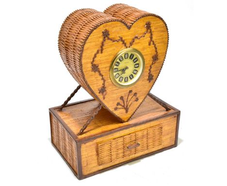 A modern scratch built wooden heart shaped mantel timepiece, the heart shaped upper section supported on a&nbsp;rectangular b