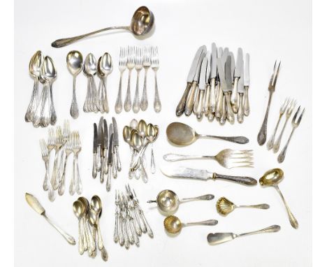 An extensive ninety-eight piece German 800 grade canteen of cutlery, each with cast detail to the handles and engraved initia