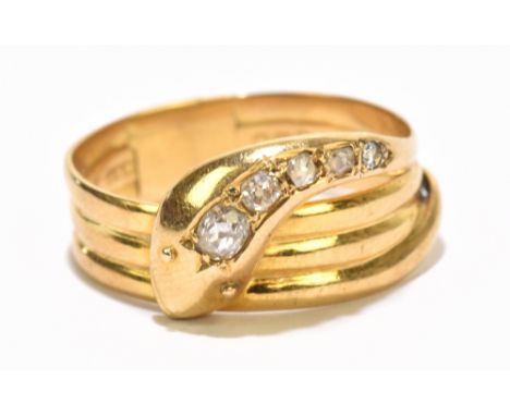 An early 20th century 18ct yellow gold snake ring set with five old cut diamonds, Chester 1918, size Z, approx 7.8g.Additiona