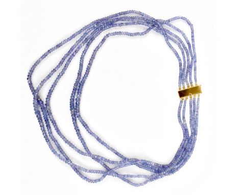 A five strand tanzanite faceted bead necklace, with yellow metal clasp stamped 750, length 48cm.Additional InformationOverall