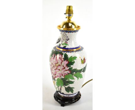 A 20th century cloisonne enamel table lamp decorated with butterflies and peonies on fitted hardwood stand, height including 