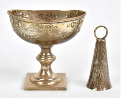 A George V hallmarked silver pedestal bowl embossed with harebell swags, Sheffield 1931, approx 3.5ozt/113g, height approx 9.