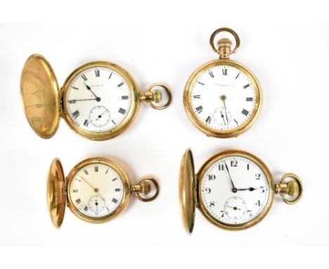 Three gold plated crown wind full hunter pocket watches with white enamel dials, one by Elgin and a crown wind open faced gol