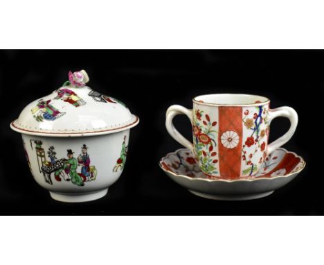 WORCESTER; an 18th century First Period twin handled chocolate cup and stand, decorated in the 'Scarlet Japan' pattern, heigh