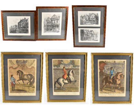 Three French hand coloured prints, after the 18th century originals by Ridinger, 52 x 39cm, with three engravings by G. Cuitt