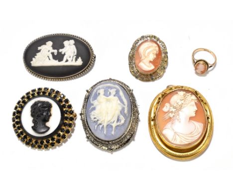 A 9ct yellow gold cameo ring, size J, approx 2.1g, a late Victorian yellow metal framed oval cameo brooch with pendant loop a