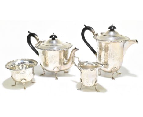 WALKER &amp; HALL; a George V&nbsp;hallmarked silver four piece tea set, Sheffield 1938, 1933 and 1934,&nbsp;comprising teapo