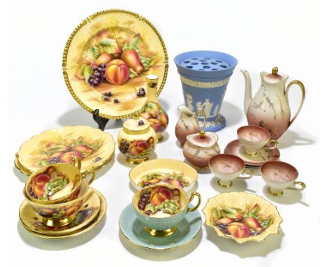 A collection of ten pieces of Aynsley Orchard Gold bone china wares, comprising a gilt edge plate, a pair of shaped edge plat