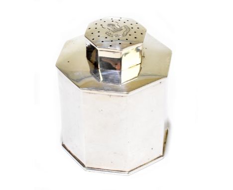 DEAKIN &amp; FRANCIS; a George V hallmarked silver tea canister of octagonal form with pierced lid centred with an armorial i