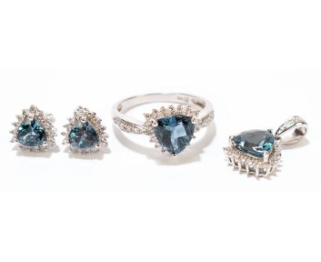 A white metal, diamond and London Blue topaz suite, comprising a ring, a pair of ear studs and a pendant, all stamped 9K, rin