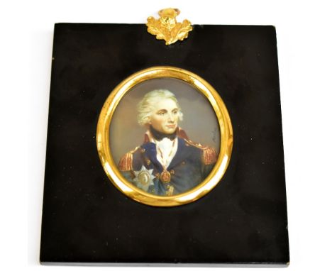 MORTOLL; a reproduction hand highlighted portrait miniature of Admiral Lord Nelson, on a printed ground, signed, 6.2 x 5.1cm,