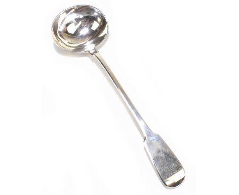 WILLIAM EATON; a large George IV hallmarked silver Fiddle pattern ladle engraved with initials to the terminal, London 1829, 
