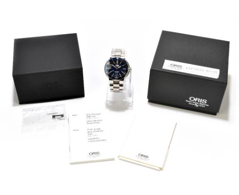 ORIS; a gentleman's stainless steel wristwatch with blue dial and bezel and date aperture, sold with inner and outer box, spa