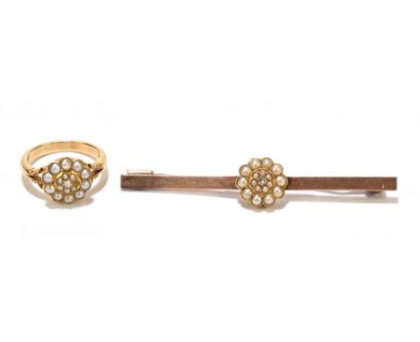 A yellow metal diamond and cultured pearl floral set ring, size L, approx 5.1g and a yellow metal bar brooch set with diamond