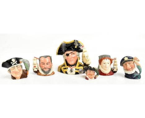 ROYAL DOULTON; a large character jug D6532 'Vice Admiral Lord Nelson', four small character jugs D6822 'King Phillip II of Sp