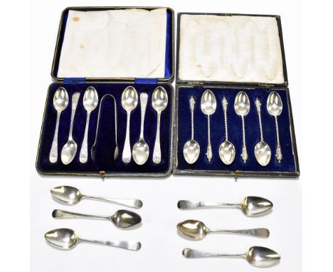 BARKER BROTHERS; a set of six Edwardian hallmarked silver tea spoons and sugar tongs, with bright cut detailing, in fitted ca