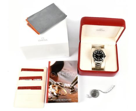 OMEGA; a gentleman's stainless steel Seamaster Planet Ocean with black enamelled bezel, black dial with date aperture, strap 