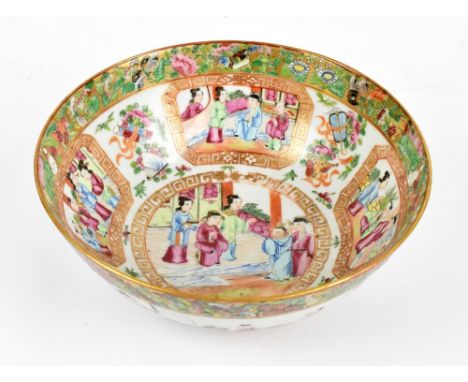A 19th century Chinese Canton Famille Rose bowl painted with figures to both the interior and exterior, unmarked, diameter 22