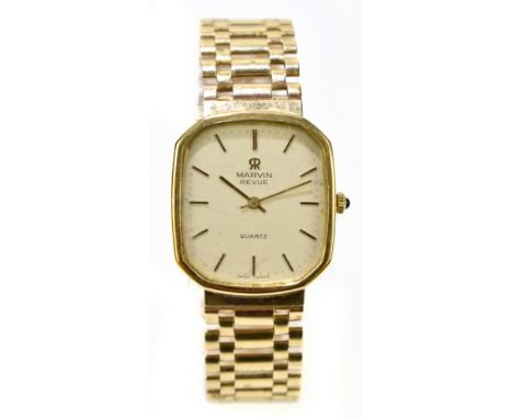MARVIN; a gentleman's 9ct gold cased quartz wristwatch, the shaped square dial set with batons, with 9ct yellow gold mesh str