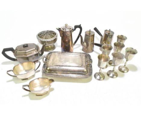 A selection of silver plated items, to include an Art Deco three piece tea service, each with engraved initial ‘Y’, with ebon