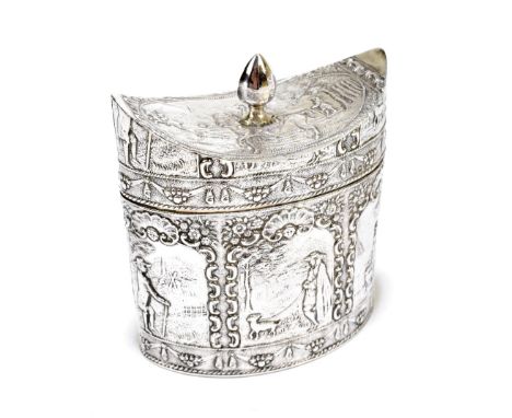 A late Victorian Dutch imported silver tea canister, with convex lid set with knopped finial above and with embossed decorati