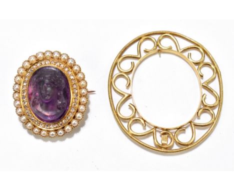 A yellow metal diamond cultured pearl and amethyst brooch of oval form centered with a carved oval amethyst depicting the por