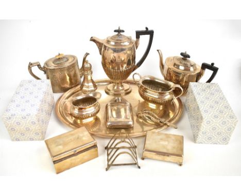 A selection of 19th century and later plated wares, including a four piece tea and coffee service with demi-fluted detailing,