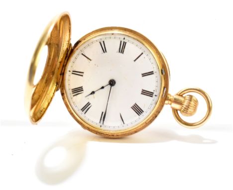 An 18ct yellow gold half hunter crown wind fob watch,  the white enamel dial set with Roman  numerals, the outer case engrave