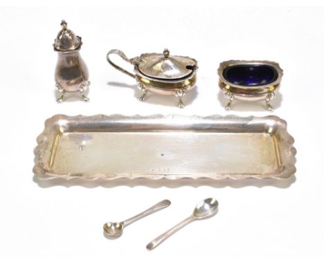 JOHN ROSE; a&nbsp;hallmarked silver four piece cruet, comprising pepper, open salt, mustard and stand, length of tray 21cm,&n