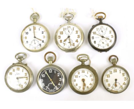 Seven military and military-type open faced crown wind pocket watches, the example with black dial bearing military broad arr
