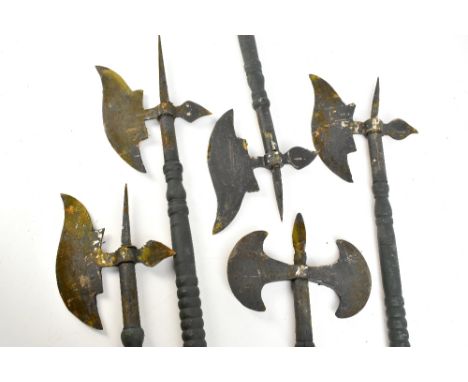 Five Medieval-style war axes, length approx 105cm, a stop/go sign and a wooden step ladder.