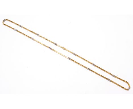 A yellow and white metal square link chain, length 79cm, approx 54.7g.Additional InformationIn good condition, has a simple p