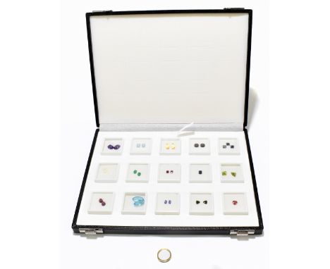 A collection of loose gem stones comprising ruby, 1.12ct, sapphire, 1.24ct, emerald, 1.48ct, pink tourmaline, 1.31ct, green t