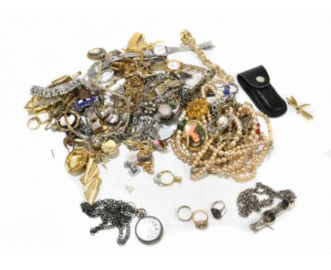 A collection of silver and costume jewellery, to include a Continental 935 standard silver fob watch, a white metal belcher l