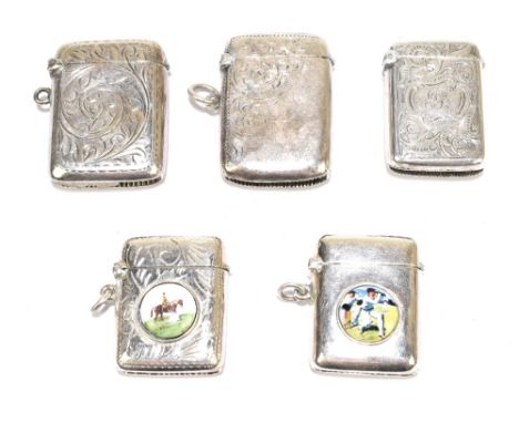 Five hallmarked silver vesta cases including two modern examples with simulated enamel decoration and three engraved examples