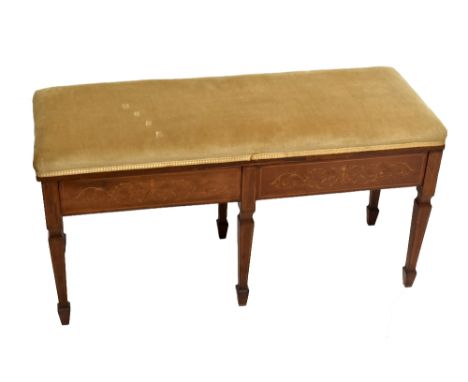 An Edwardian inlaid rose wood duet stool, with upholstered hinged top on tapered square legs, height 48cm, width 96cm, depth 