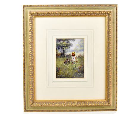MARY SHAW; oil on panel, girl in a meadow, signed lower left, 17.5 x 12.5cm, framed and glazed. (D)Additional InformationA fe