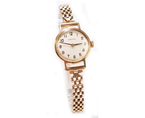 LONGINES; a lady's 9ct yellow gold wristwatch with 9ct yellow gold bracelet and circular dial set with Arabic numerals, diame