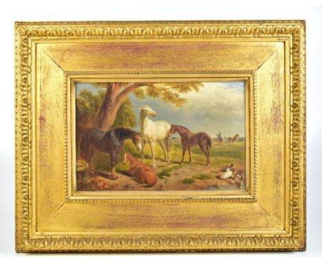 THOMAS C BALE; oil on canvas, horses at rest beside a pond with ducks to foreground and two riders to background, signed with