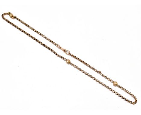 A 9ct yellow gold chain with spring clasp and set with three engraved spheres,&nbsp;length 52cm, weight&nbsp;approx. 10.8g.Ad