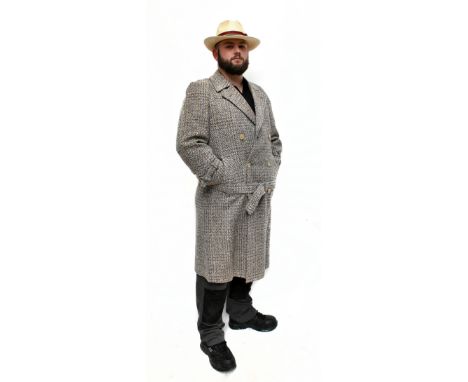 YVES SAINT LAURENT; a full-length gentleman's double breasted 100% wool herringbone check tweed coat with cream front buttons