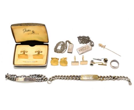 A group of costume jewellery including two white metal ID bracelets, two silver ingot pendants on chains, a yellow metal Live